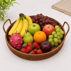 Plateau de service rond en rotin tressé à la main de luxe avec poignées, plateau décoratif en osier pour petit-déjeuner, table basse ou ottoman - Product Image 6