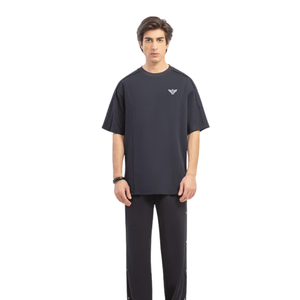 Camiseta de algodón oversize para hombre, azul marino, de corte holgado, manga corta, transpirable, estilo urbano, moda de verano, serigrafiada, color liso. - Product Image 1