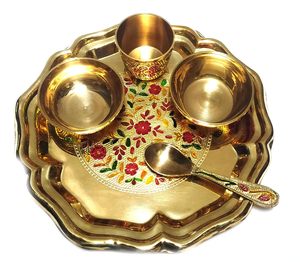 meenakari decorative thali indian brass utensils compact five inch size thali katori spoon glass traditional metal <b>dinnerware</b> - Product Image 5