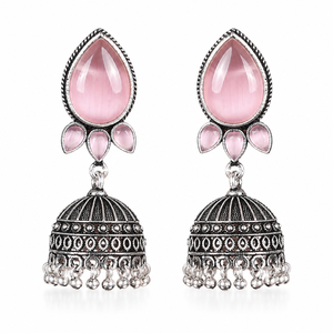 Factory Direct Pink Teardrop Stone Jhumka <b>Earrings</b> for Women Antique <b>Silver</b> Tone Ghungroo Bell Indian Tribal Statement Jewelry - Product Image 1