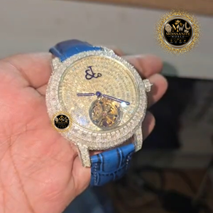 Montre de luxe pour homme à quartz, style tourbillon, sertie de moissanite, avec bracelet en cuir bleu et verre saphir, style antique et professionnel - Product Image 1