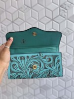 Nouveau Portefeuille Western en Cuir Sculpté à la Main, Pochette Téléphone Élégante Couleur Turquoise, Portefeuille Western en Cuir pour Femme Multi-usages