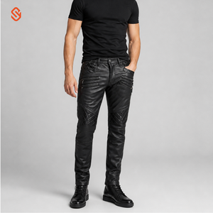 Men's <b>Black</b> Moto Biker <b>Pants</b> High Waist Quilted Design Multiple Pockets Windproof Polyester Straight Fit Autumn Style - Product Image 1