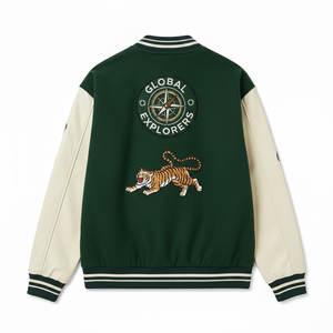 Chaqueta Varsity Verde para Hombre con Parches Bordados y Diseño de Tigre, Estilo Urbano, Ropa de Otoño - Product Image 4