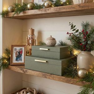 <b>Decorative</b> PU Leather Storage <b>Boxes</b> <b>with</b> <b>Lids</b> Set of 2 Bookshelf Organizer Bins for Home Decor - Product Image 2