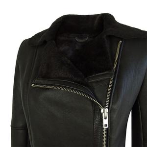 Veste en peau de mouton pour femme, en cuir véritable, Style motard, veste noire en fausse fourrure - Product Image 6