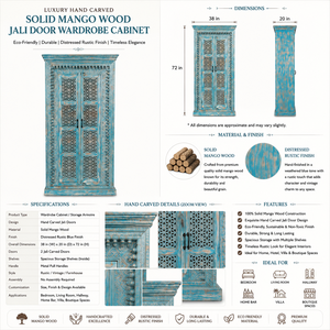 Luxury Hand Carved Solid Mango Wood Eco-Friendly Durable Blue Wardrobe <b>Cabinet</b> Jali Doors Distressed <b>Rustic</b> Storage Armoire - Product Image 6