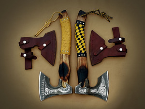 Hand Forged High Carbon Steel Builder's Hatchet Custom OEM Wood Leather Wrap <b>Handle</b> Bearded Head <b>Axe</b> with Leather Sheath - Product Image 4