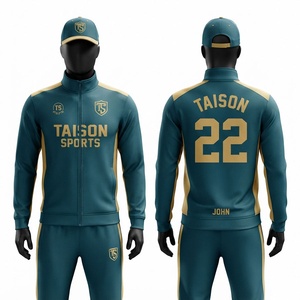 ชุดฝึกซ้อมลาครอสแบบยูนิเซ็กซ์ ผ้าโพลีเอสเตอร์อินเตอร์ล็อค 280 GSM สีเขียวอมฟ้าเข้ม แถบข้างสีทอง โลโก้สั่งทำได้ เป็นมิตรต่อสิ่งแวดล้อม - Product Image 1