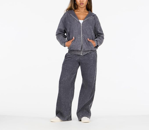 OEM Custom 100% Cotton 340 GSM Acid Wash Women's Full Zipper Hoodie & Wide Flare Leg Sweatpants Baggy Sets Breathable 2 Pieces - Product Image 1