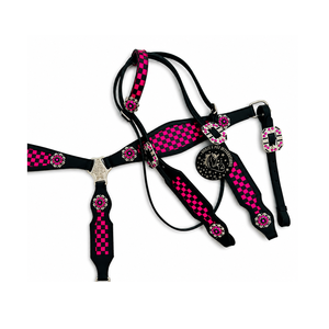 Ensemble de têtière et de collier de poitrine en cuir noir style western avec incrustation à carreaux roses et conchos en strass, équipement équestre - Product Image 3