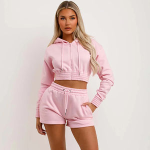 Ensemble 2 pièces pour femmes : Crop Top à capuche et short, ensemble assorti en coton, ensemble de jogging pour femmes, pantalon deux pièces pour femmes - Product Image 1