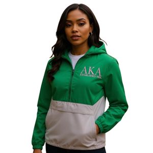 Green and White Women Hooded Pullover Windbreaker with Front Pocket Lightweight Long Sleeve Casual Outdoor Jacket Comfortable - Product Image 3