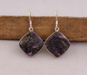 925 Sterling <b>Silver</b> Purple Copper Charoite <b>Earrings</b> Natural Composite Gemstone Diamond Shape <b>Dangle</b> <b>Earrings</b> Handmade Jewelry - Product Image 2