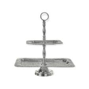 Moderno Soporte para Pastel de Dos Niveles en Aluminio Martillado con Acabado Plateado Reflectante, Elegante y Estiloso Centro de Mesa, Accesorio Decorativo para el Hogar - Product Image 1