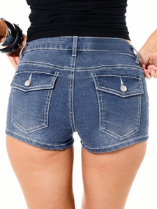 Shorts en jean taille haute tendance pour femme, couleur unie, boutonnage frontal, délavé, coupe droite décontractée pour l'été - Product Image 3
