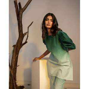 Ensemble Kaftan Ombré Vert pour Femme avec Manches Évasées et Pantalon Long Taille Naturelle – Tenue Décontractée Lavable de Créateur - Product Image 2