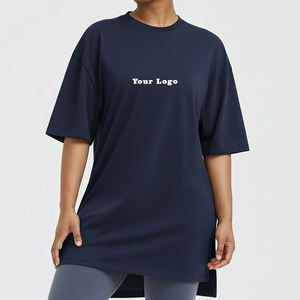 <b>Top</b> Trending Women's Navy Blue O-Neck Short Sleeve Oversized T-Shirt Loose Fit <b>Asymmetric</b> <b>Hem</b> Knitted Solid Color All Seasons - Product Image 4