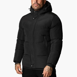 Men's Black Hooded Puffer Jacket Windproof Casual Winter Coat Polyester Wadding Thick <b>Quilted</b> Regular Fit <b>Single</b> Button Closure - Product Image 1