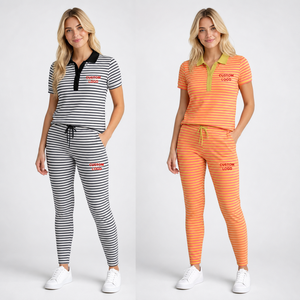 Ensemble de yoga rayé 2 pièces pour femmes, personnalisé, vente en gros, avec t-shirt court boutonné et legging capri - Collection 2026 - Product Image 2