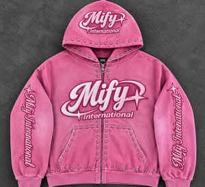 Sudadera con capucha rosa lavada personalizada con cremallera, logo bordado y bolsillo canguro, estilo streetwear, fabricada por un fabricante de sudaderas. - Product Image 1