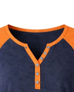 T-shirt pour femme bleu marine et orange à manches courtes, col Henley, coupe raglan, en coton doux, décontracté, respirant et confortable pour l'été et le quotidien - Product Image 5