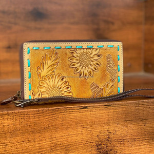 กระเป๋าสตางค์หนังแท้สำหรับผู้หญิงกระเป๋าคลัทช์ใส่โทรศัพท์มีสไตล์ลายดอกไม้แกะสลักด้วยมือ - Product Image 2