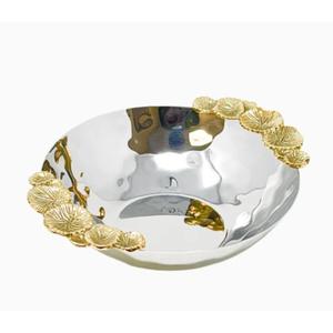 Bol de service décoratif moderne en métal avec poignées à accents de feuilles d'or, centre de table en acier inoxydable de qualité supérieure, plat à fruits et salades - Product Image 1
