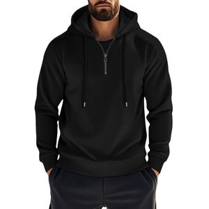 Sweat-shirt à capuche noir pour homme, à demi-zip, manches longues, uni, décontracté, très vendu - Product Image 1