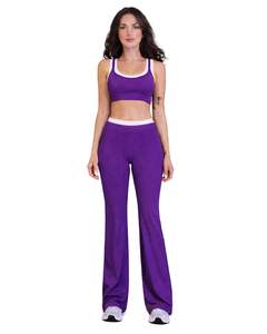 Women Purple White Contrast Sports Bra And Flare Pants Set High Waist <b>Stretch</b> Yoga Fitness Gym Wear Custom OEM Wholesale - Product Image 1