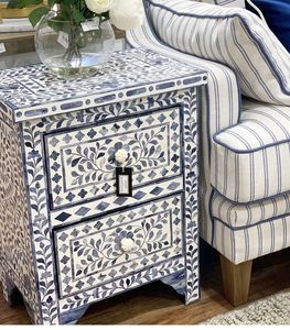 Contemporary blue and white botanical design bedside <b>chest</b> functioning as a decorative <b>2</b> <b>drawer</b> Capiz nightstand unit - Product Image 2
