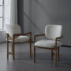 Set of 2 White Upholstered <b>Arm</b> <b>Dining</b> <b>Chairs</b> 300 LBS Weight Capacity Rubber Wood Accent <b>Chairs</b> Comfortable White Fabric Seating - Product Image 1