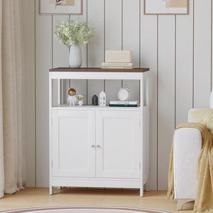 Modern Free <b>Standing</b> Bathroom Cabinet Natural Wood Top with Adjustable <b>Shelf</b> Double Doors Multi-Purpose Storage - Product Image 5