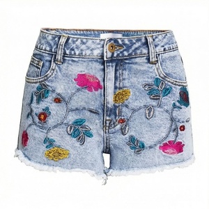 Heavy <b>Work</b> Casual Denim Shorts Colorful Floral Embroidery Womens Summer Loose <b>Jeans</b> Best Quality Customized Color Fits - Product Image 1