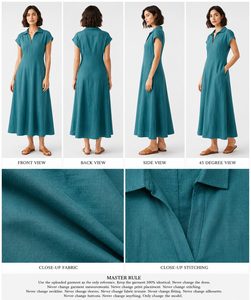 Robe chemise en lin pour femme, décontractée, col en V, mi-longue, manches courtes, coupe trapèze, robe d'été élégante pour le travail et le bureau, avec poches - Product Image 6