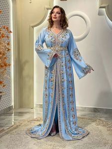 Stunning Beautiful <b>Light</b> Blue Embroidered Traditional Caftan Dress Women Floor-Length Regular Fit Wedding Style Silk Gown - Product Image 3