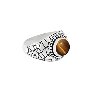 Anillo de Plata de Ley 925 Clásico y Moderno con Cabujón de Ojo de Tigre Natural, Mosaico de Piedras Preciosas Marrón Dorado, Joyería Boho - Product Image 3