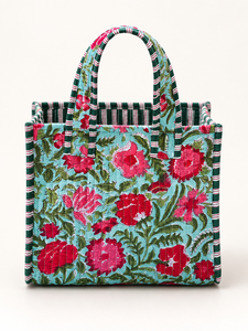 Bolso Tote de Algodón Acolchado Veer Handicrafts, Estampado Floral Azul, Asas Verdes a Rayas, Cierre de Cremallera, Estilo Moderno, Origen Rajasthan - Product Image 4