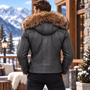 <b>Men's</b> Premium Exotic Python Leather Biker <b>Coat</b> with Fox Fur Hood Moto Fashion Jacket | Herren Lederjacken | Chaqueta Hombre - Product Image 5