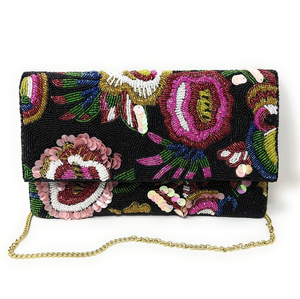 Bolso de Mano Rectangular Negro Bordado con Cuentas y Flores, Hecho a Mano por FAIZA CRAFT, con Lentejuelas y Cadena Desmontable - Product Image 3