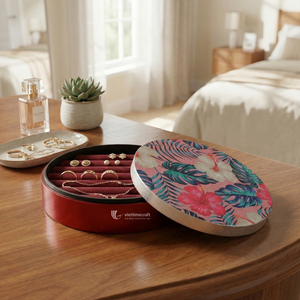 Boîte de rangement ronde à motif tropical avec finition laquée, boîte à bijoux décorative de luxe pour bagues, montres et articles de toilette - Product Image 2