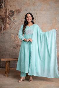 Traditional Indian Cotton Anarkali <b>Kurti</b> With Pant & Dupatta Floral Embroidery Loose Fit Ankle Length For Women All Seasons - Product Image 3