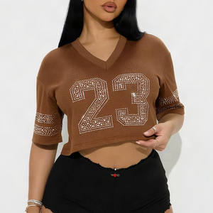 Trendy 2026 Women's Brown <strong>Rhinestone</strong> 23 <strong>Mesh</strong> Crop <strong>Top</strong> V-Neck Short Sleeve Sporty Style Crop Slim Fit Breathable Summer T-Shirt - Product Image 1