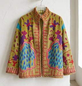Women's Vintage Hand Embroidered Quilted Cotton Jacket Mandarin Collar Full Sleeve Floral Winter Autumn Outerwear <b>Coat</b> - Product Image 1