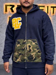 Men's Embroidered <b>Zip</b>-Up <b>Hoodie</b> With Camouflage <b>Pocket</b> Oversized Streetwear Hooded Sweatshirt 100% Cotton French Terry <b>Hoodie</b> - Product Image 2