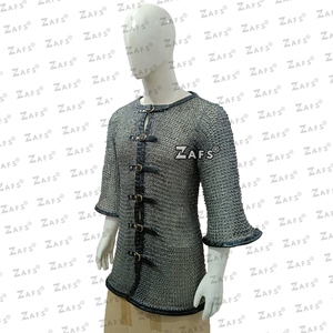 Medieval Mild Steel Half Sleeve Chainmail Shirt <b>Flat</b> Riveted with Washer Ring with Leather Trim Haubergeon Armor for Adult Wear - Product Image 2