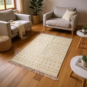 Handwoven Reversible Geometric Tribal Flatweave Area <b>Rug</b>-Beige <b>White</b> Diamond Striped Wool Carpet Fringe Low Pile Boho Living - Product Image 1