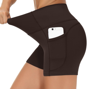Pantalones cortos de yoga de cintura alta para mujer con bolsillos, pantalones cortos deportivos negros para gimnasio, correr, Fitness, tela de punto de secado rápido - Product Image 1