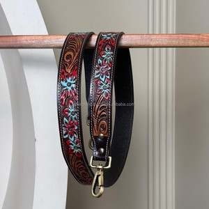 Brand New 2025 Red & Teal Floral Accent Hand Tooled <b>Leather</b> <b>Guitar</b> <b>Strap</b> with Western Style Adjustable <b>Strap</b> for Acoustic <b>Guitar</b> - Product Image 4