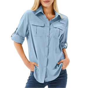 Camisa Azul Claro con Botones para Mujer, con Bolsillos en el Pecho, Manga Larga, Estilo Casual, Color Sólido - Product Image 2